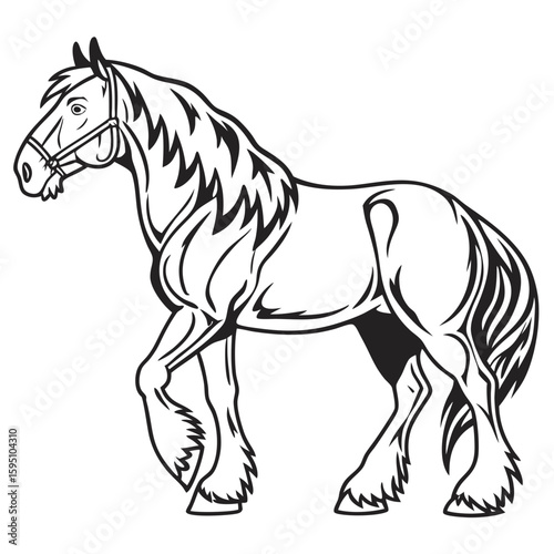 Black and white illustration of a horse with a bridle