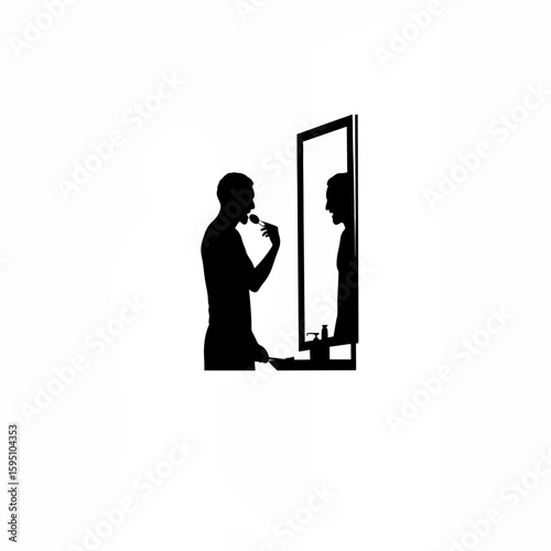 Man Shaving in Mirror Silhouette on white background