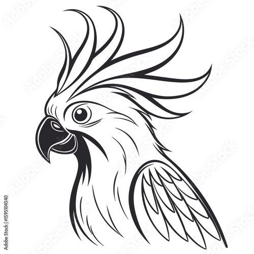 Stylized cockatoo parrot head in profile, black and white