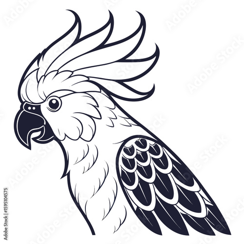 Tribal cockatoo parrot with ornate wing detail, side view