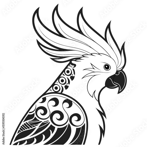 Ornate tribal cockatoo parrot with decorative wing pattern