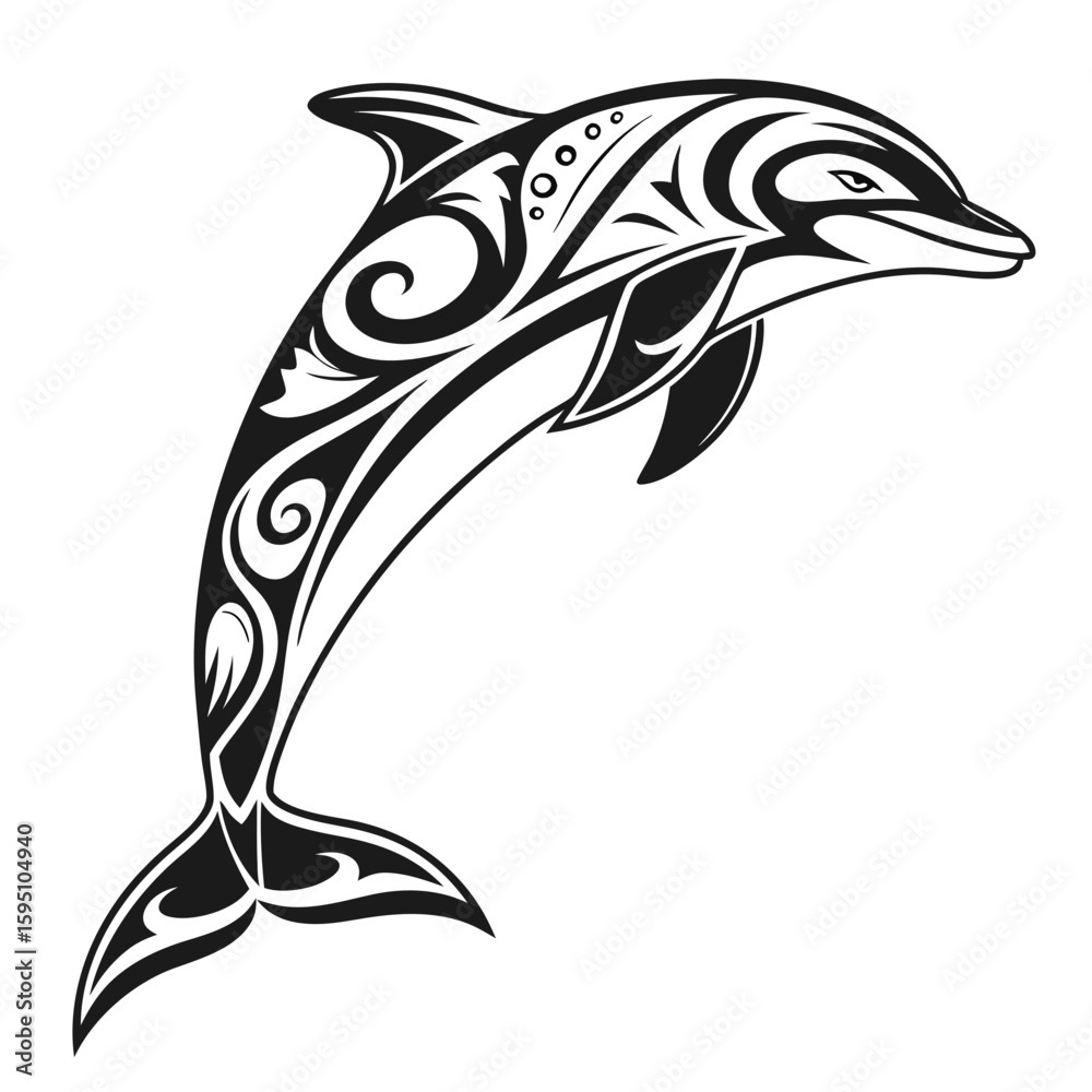 Naklejka premium A black and white tribal dolphin illustration