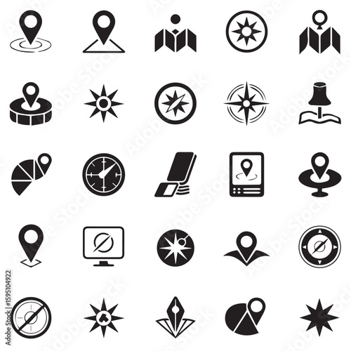 Collection of twenty navigation and location icons on a white background featuring maps and compasses
