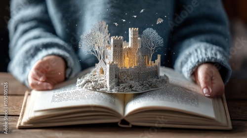 Open book, hands, miniature castle, fairy tale