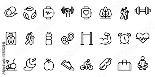 Healthy Lifestyle Vector Icon Set | Adjustable Line Weight | Fitness, nutrition, exercise, wellness, sleep, yoga, meditation, heart rate, gym, hiking, cycling, sports, health monitoring icon