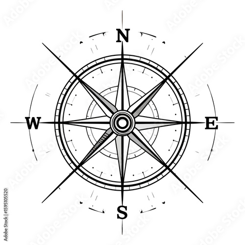 Detailed navigational compass illustration providing guidance in exploration, vector art