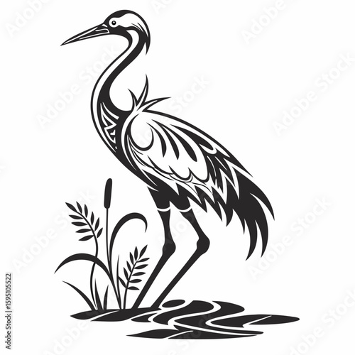 An elegant crane stands by the water with reeds