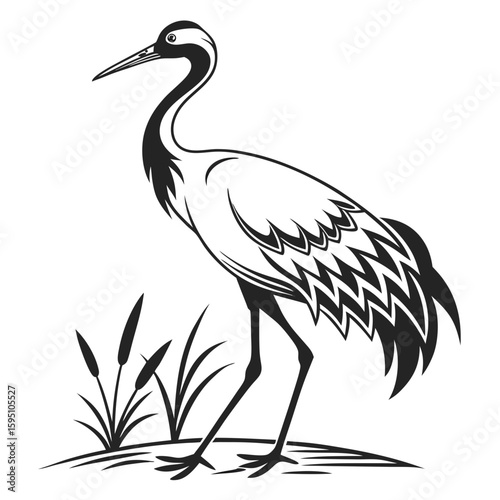 A black and white illustration of a crane standing in grass