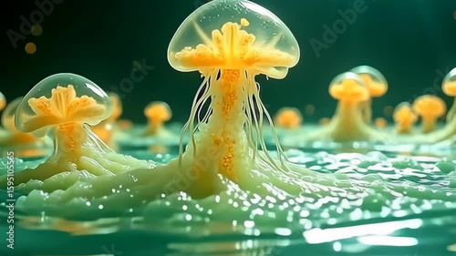 On an immaculate backdrop, an elegant formation of glowing molecule bending like jellyfish in slow motion flows seamlessly, exhibiting a spectrum of soft gold and seafoam green, where each