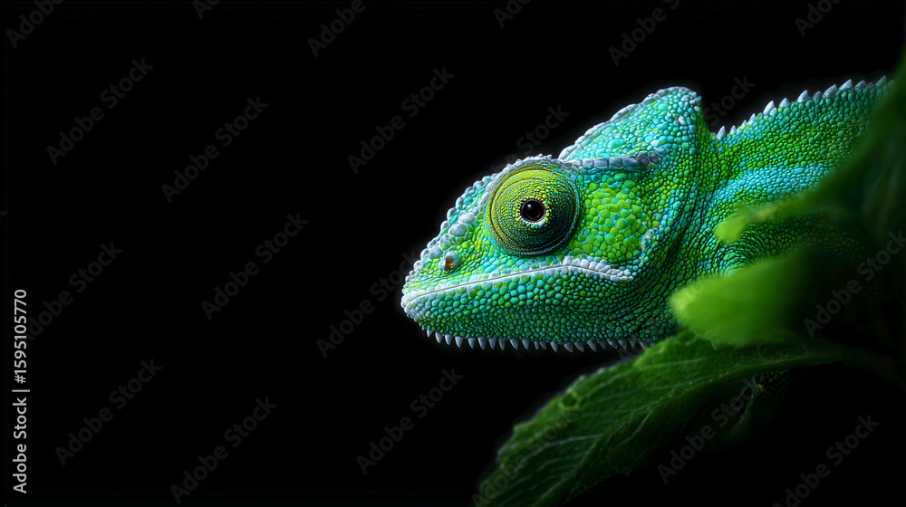 Fototapeta premium Green chameleon on black background close-up