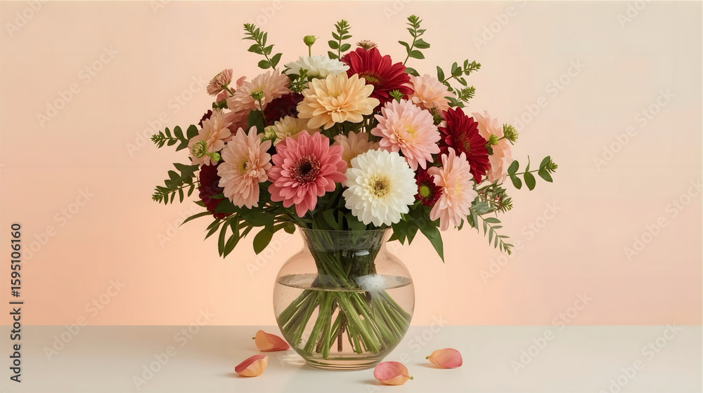 Fototapeta premium Experience timeless elegance with this vibrant bouquet of mixed flowers, delicately arranged in a crystal-clear vase. Soft petals in pink, yellow, and red radiate serenity and style