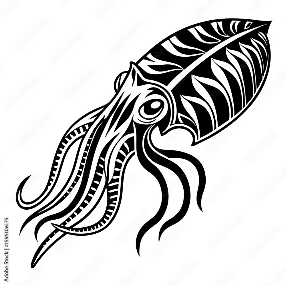 Black and white illustration of a stylized squid with patterned fins Black and white illustration of a stylized squid with patterned fins