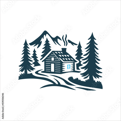 Cozy Cabin in the Mountains Illustration Mountain cabin with pine trees