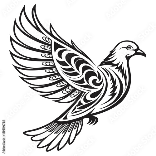 Stylized dove with tribal patterns on its wings and body