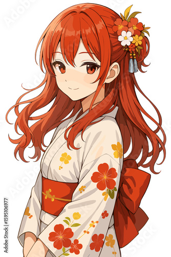 赤髪の着物の女性のイラスト