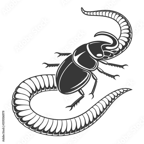 A stylized scarab beetle with a curved tail