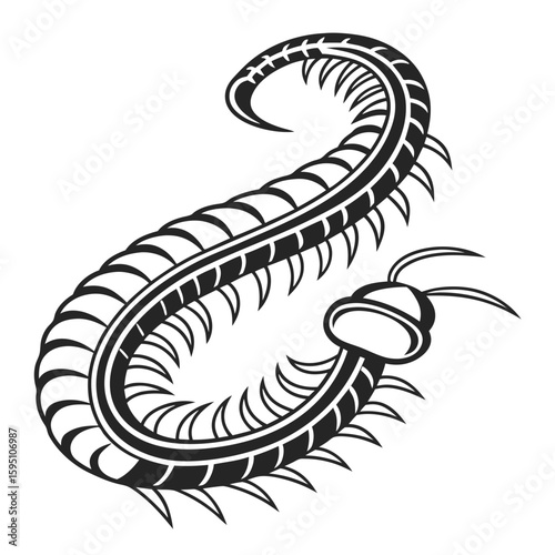 A stylized centipede with many legs and antennae