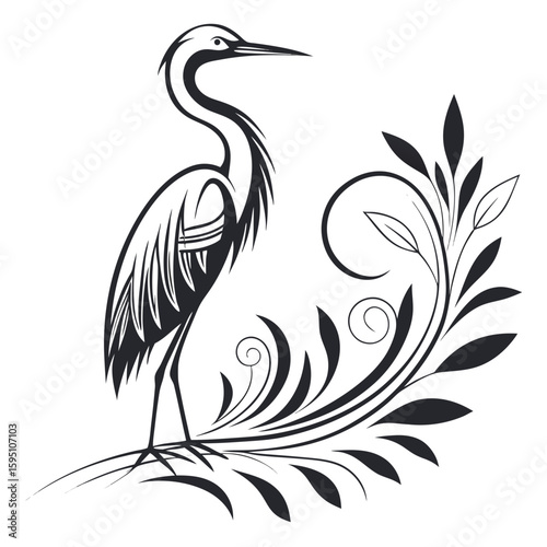 Heron with decorative ornamental swirls and foliage