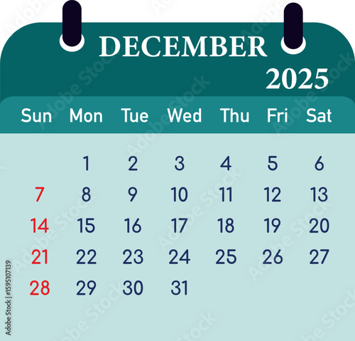 December 2025 Calendar Grid with Red Sundays and Blue Weekdays for Year-End Planning