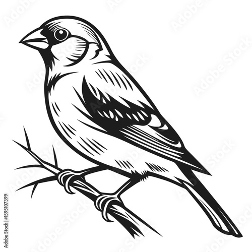 Sparrow perched on a branch isolated on white background