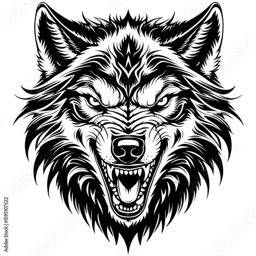 Aggressive Wolf Head Line Art Illustration