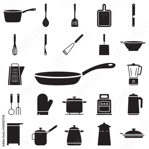 Kitchen tools and cooking equipment icons in black and white for culinary uses and cooking projects