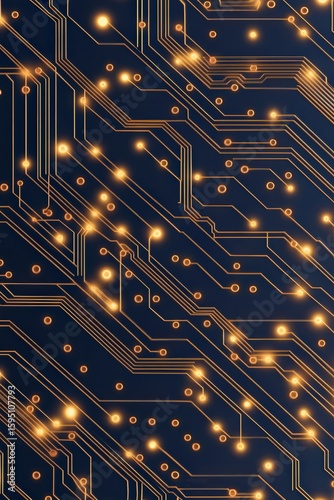 Close-up of a dark circuit board with glowing golden pathways and nodes, illustrating electronic connections and digital technology.