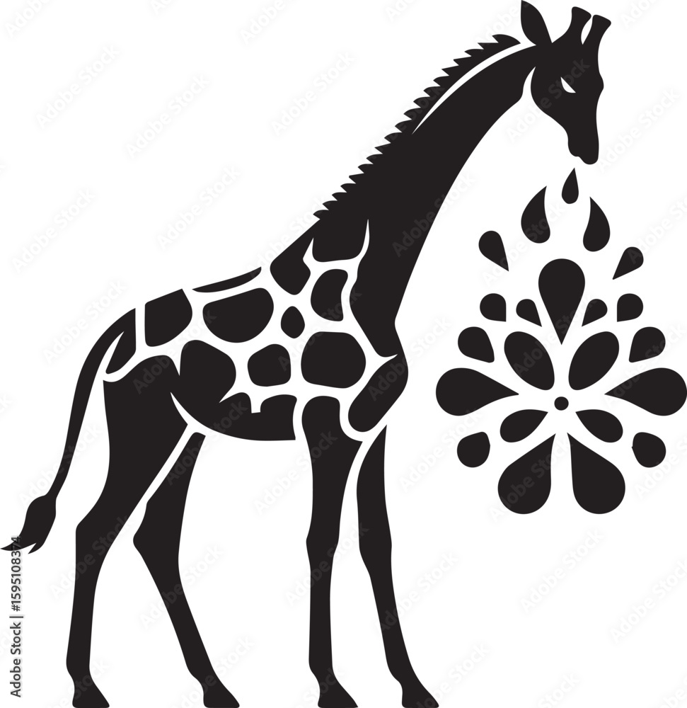 Obraz premium Giraffe silhouette vector with abstract woman figure outline in black style