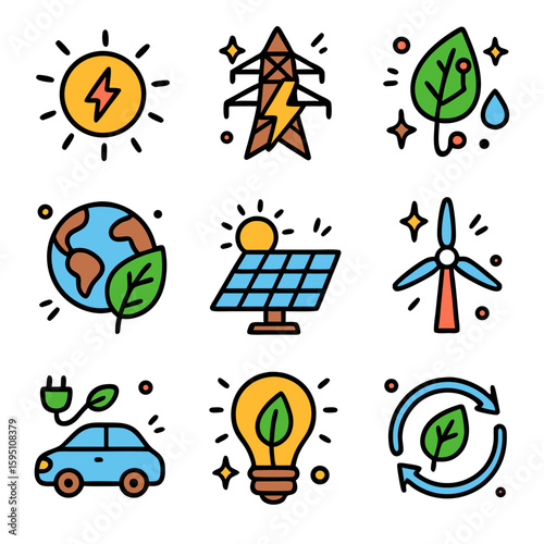 Green energy icons for showcasing renewable sources and sustainable practices. Perfect for eco friendly websites, presentations, and educational materials.