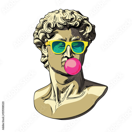 Ultra-detailed 3D render of a classical marble statue Michelangelo's David wearing modern sunglasses with electric green frame and chewing a pink bubblegum.