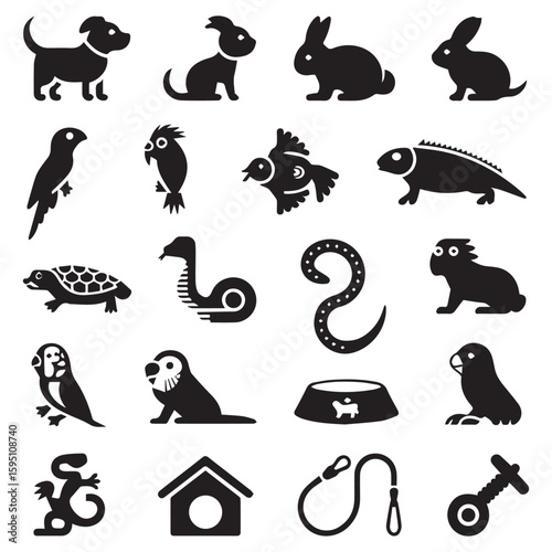 Collection of pet icons with dog, cat, rabbit, birds, reptiles, turtle, and accessories