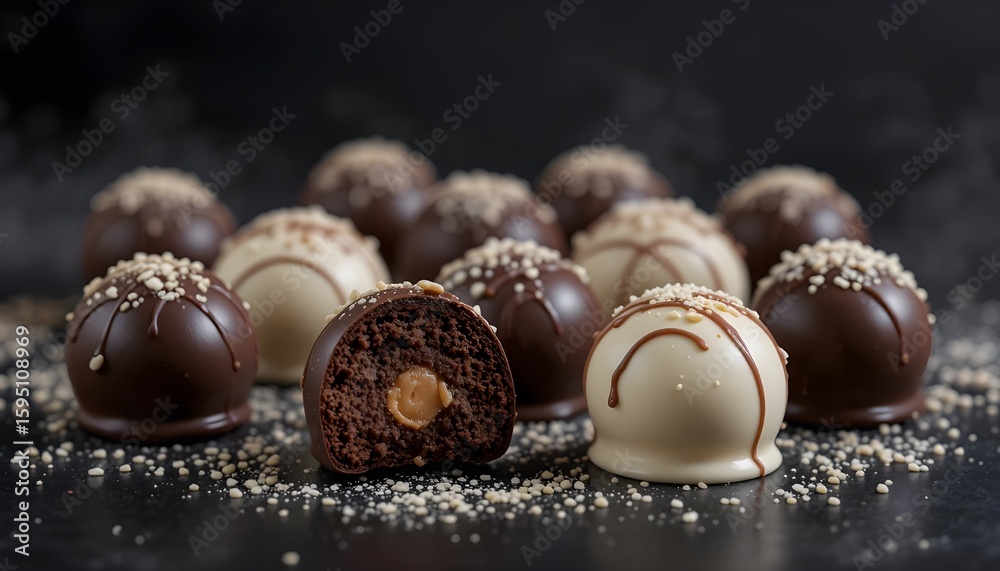 Obraz premium Elegant Chocolate Truffles in Dark and White on a Black Background