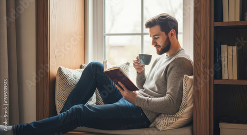 A man reading a book while sipping coffee in a cozy window seat.