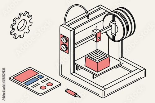 3D Printer Creating Object with Control Panel and Gear.