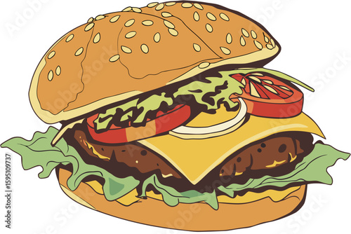 Delicious Cartoon Burger with Sesame Seed Bun.