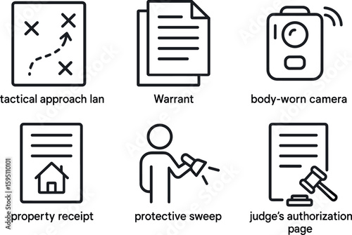 out stroke icon tactical approach plan warrant packet copy body worn camera activation property receipt protective sweep judge s authorization page mono icons style isolated