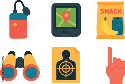 si objects concealed audio mic GPS tracker monitor stakeout snack kit binoculars target movement sheet covert hand signal code solid color icon out vector fills palette minimal isolated