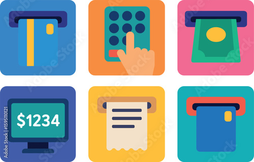 si objects card insertion PIN entry cash dispense account balance display printed receipt eject card notice solid color icon out vector fills palette minimal isolated