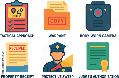 si objects tactical approach plan warrant packet copy body worn camera activation property receipt protective sweep judge s authorization page solid color icon out vector fills palette
