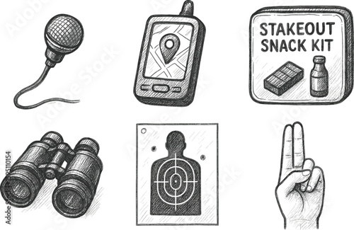 hand drawn icon concealed audio mic GPS tracker monitor stakeout snack kit binoculars target movement sheet covert hand signal code sketch drawing style icons style isolated