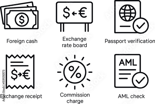 out stroke icon foreign cash stock echange rate board passport verification echange receipt commission charge AML check mono icons style isolated