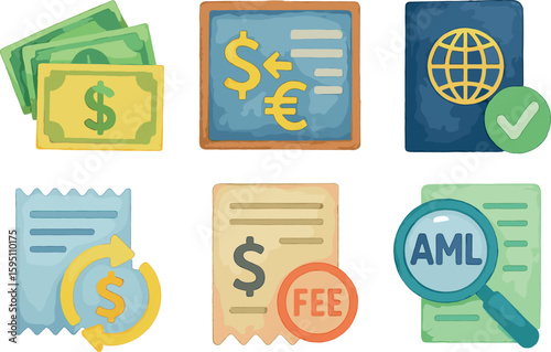 watercolor icon foreign cash stock echange rate board passport verification echange receipt commission charge AML check paint colo isolated