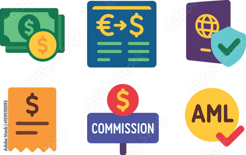 si objects foreign cash stock echange rate board passport verification echange receipt commission charge AML check solid color icon out vector fills palette minimal isolated