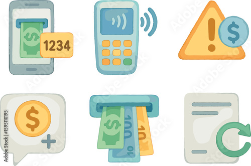 watercolor icon mobile withdrawal code contactless tap daily limit alert surcharge message denomination selection transaction log update paint colo isolated