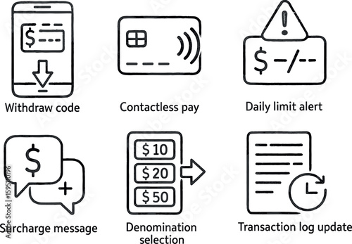 hand drawn icon mobile withdrawal code contactless tap daily limit alert surcharge message denomination selection transaction log update sketch drawing style icons style isolated