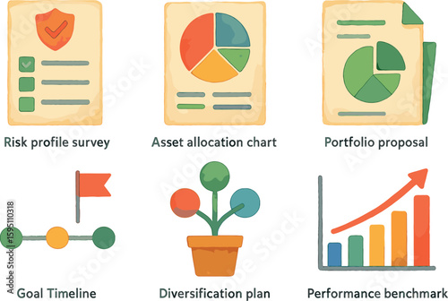 watercolor icon risk profile survey asset allocation chart portfolio proposal goal time diversification plan performance benchmark paint colo isolated