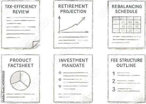ta efficiency review retirement projection rebalancing schedule product factsheet investment mandate fee stcture out hand drawn pencil sketch style isolated