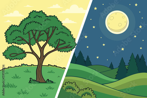 Stylized Day and Night Landscape with Tree and Moon.