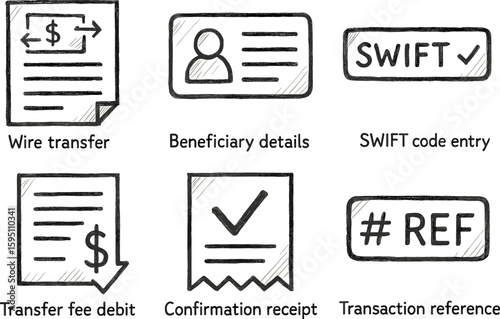 hand drawn icon wire traer form beneficiary details SWIFT code entry traer fee debit confirmation receipt transaction reference sketch drawing style icons style isolated
