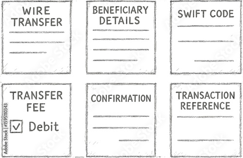 wire traer form beneficiary details SWIFT code entry traer fee debit confirmation receipt transaction reference hand drawn pencil sketch style isolated